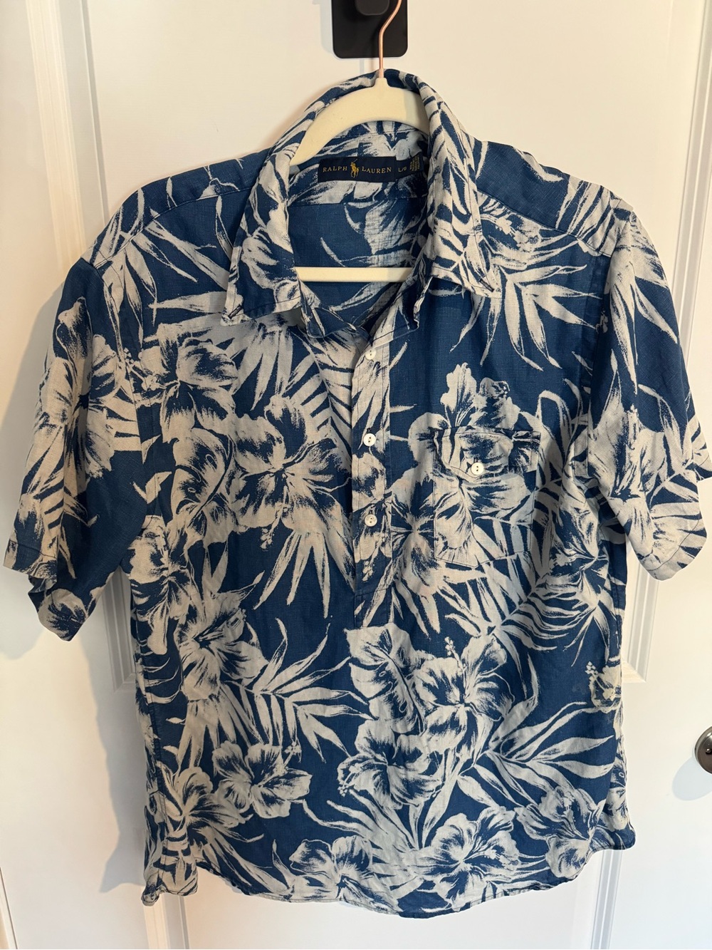 Vintage Ralph Lauren 100% Linen. Blue and white Hawaiian Floral Popover. Men’s L